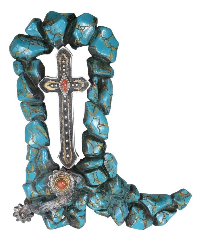 Southwestern Turquoise Rocks Cowboy Boot With Spur And Vintage Cross Wall Decor