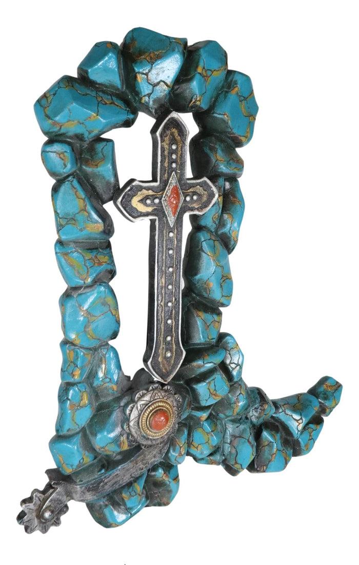 Southwestern Turquoise Rocks Cowboy Boot With Spur And Vintage Cross Wall Decor