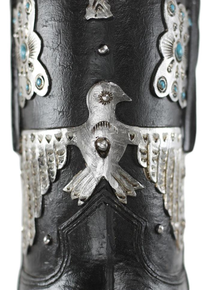 Southwestern Turquoise Silver Aztec Symbols Cowboy Boot Vase Planter Figurine