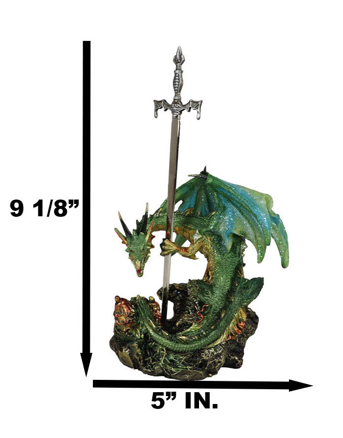Sparkly Green Knight Dragon Holding Tiki Bat Sword Letter Opener Figurine