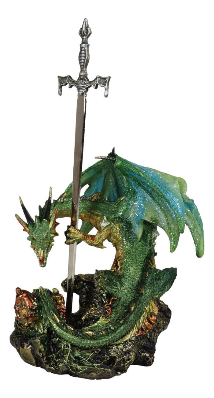 Sparkly Green Knight Dragon Holding Tiki Bat Sword Letter Opener Figurine