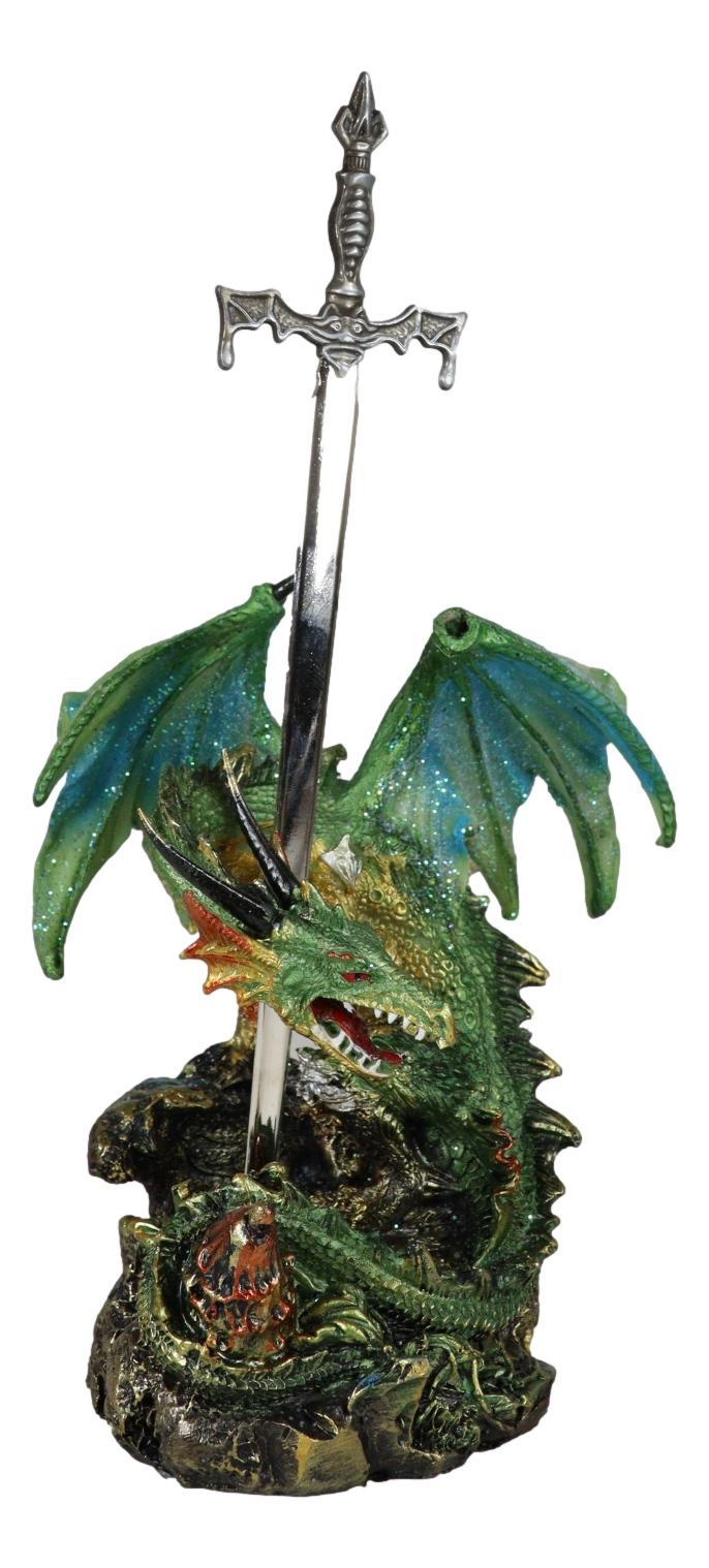 Sparkly Green Knight Dragon Holding Tiki Bat Sword Letter Opener Figurine