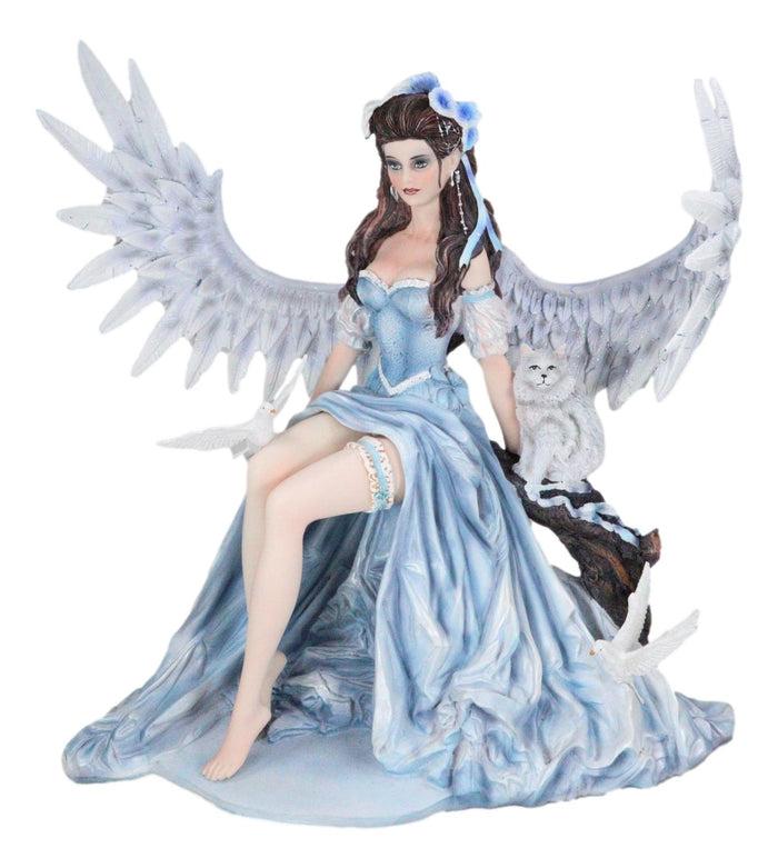Spirit Of Winter Blue Frozen Realm Angel Queen With Doves And White Cat Statue