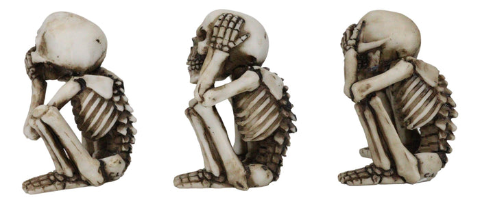 Squatting See Hear Speak No Evil Grinning Skeletons Shelf Sitter Figurines Set