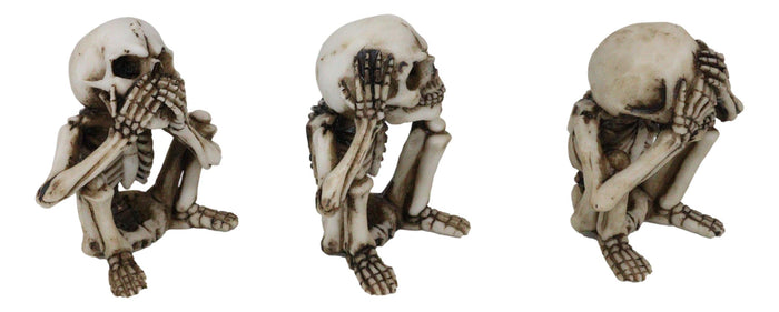 Squatting See Hear Speak No Evil Grinning Skeletons Shelf Sitter Figurines Set