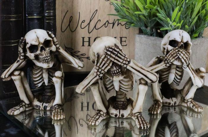 Squatting See Hear Speak No Evil Grinning Skeletons Shelf Sitter Figurines Set