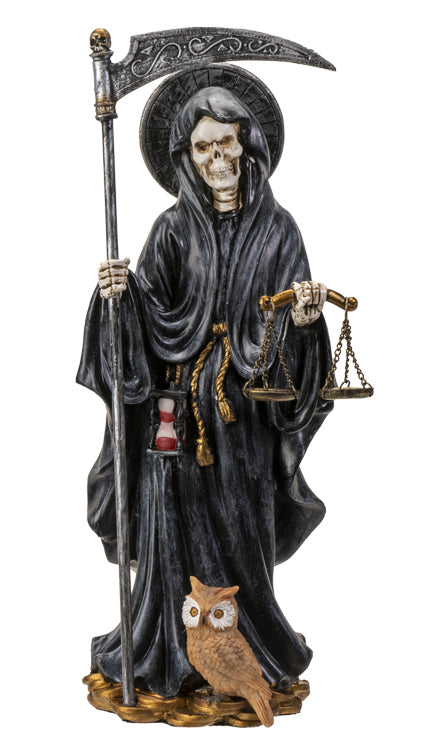 Standing Black Santa Muerte With Scythe Scales Of Justice And Wise Owl Figurine