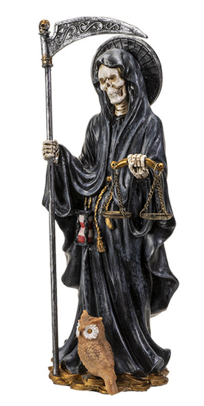 Standing Black Santa Muerte With Scythe Scales Of Justice And Wise Owl Figurine