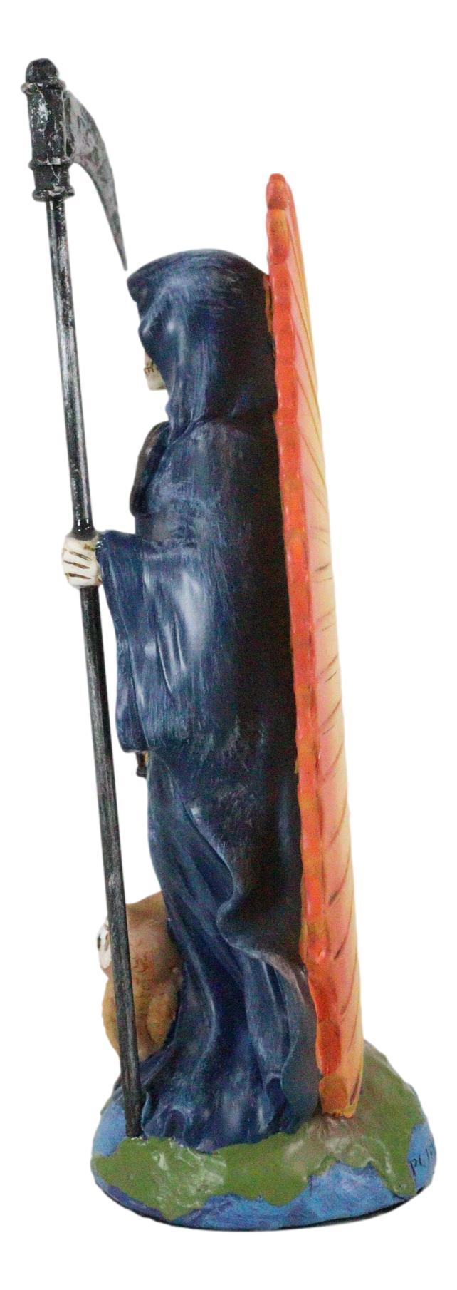 Standing Blue Santa Muerte Skeleton With Scythe Hourglass And Wise Owl Figurine