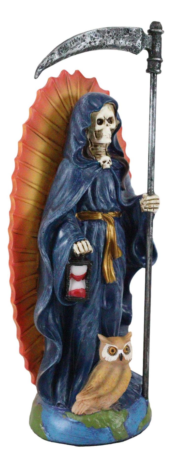 Standing Blue Santa Muerte Skeleton With Scythe Hourglass And Wise Owl Figurine