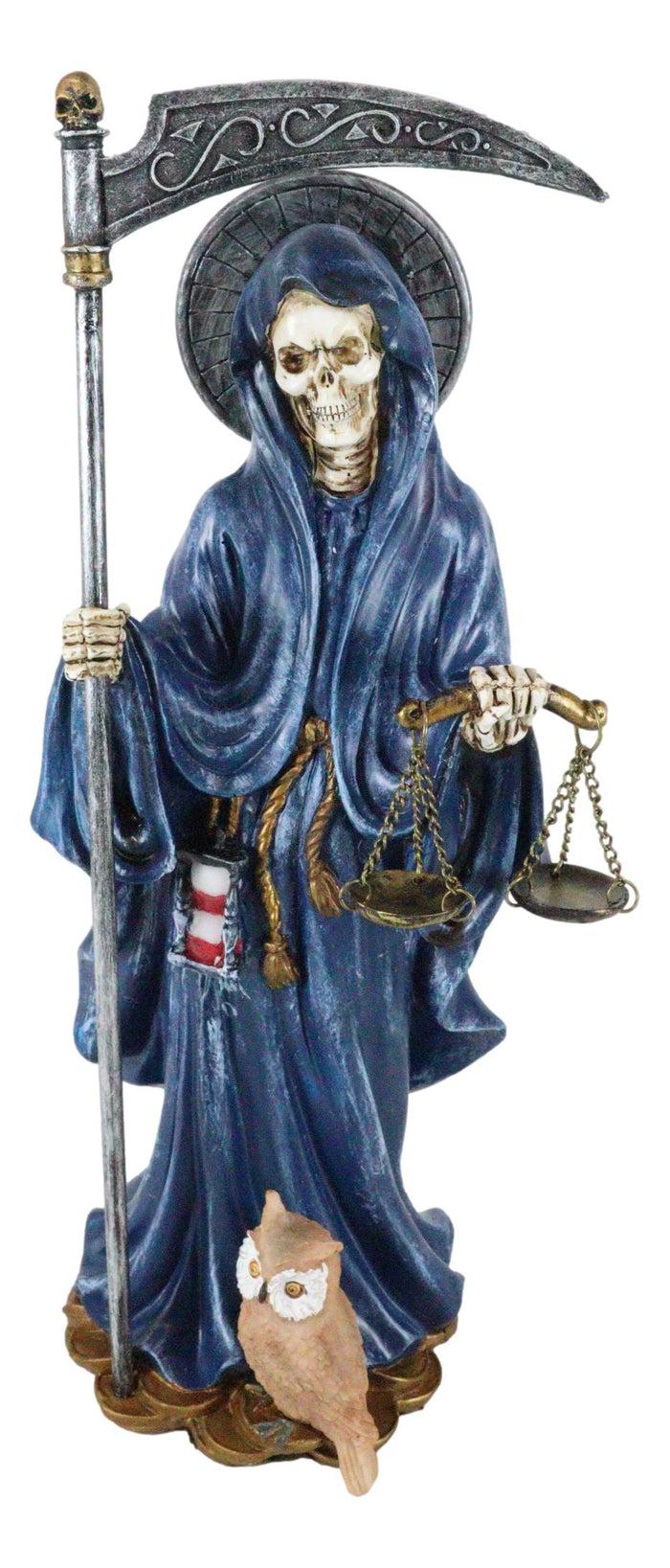 Standing Blue Santa Muerte With Scythe Scales Of Justice And Wise Owl Figurine