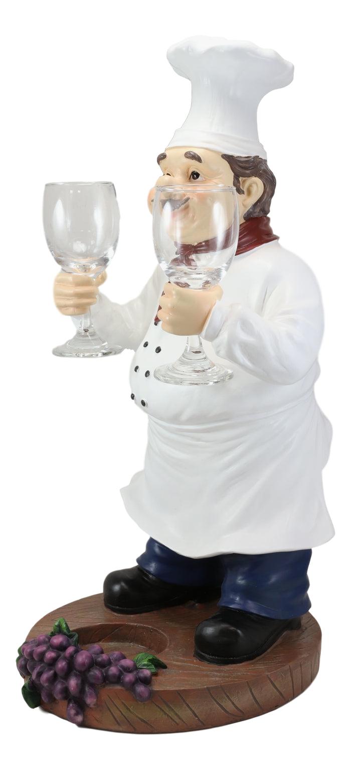 Standing Chef Paul Vineyard Wine Bottle And 2 Glasses Holder Valet Statue 19"H