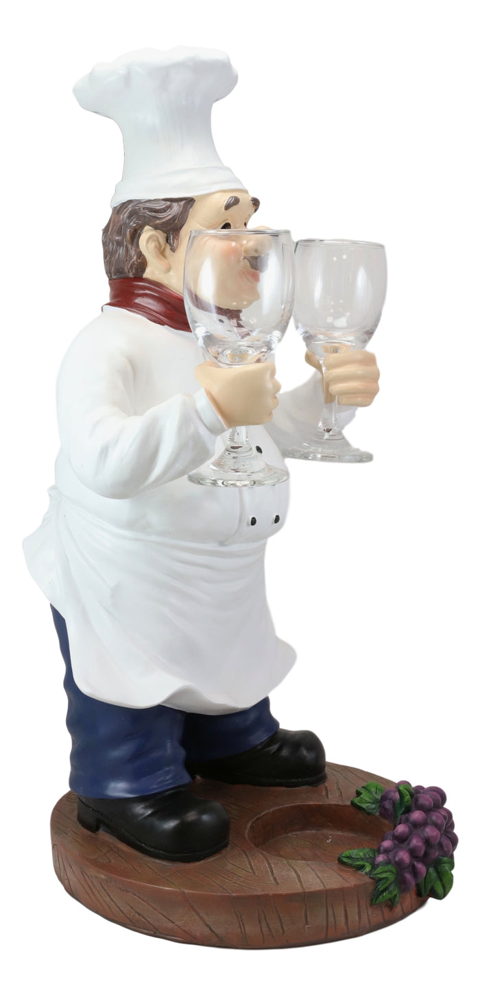 Standing Chef Paul Vineyard Wine Bottle And 2 Glasses Holder Valet Statue 19"H