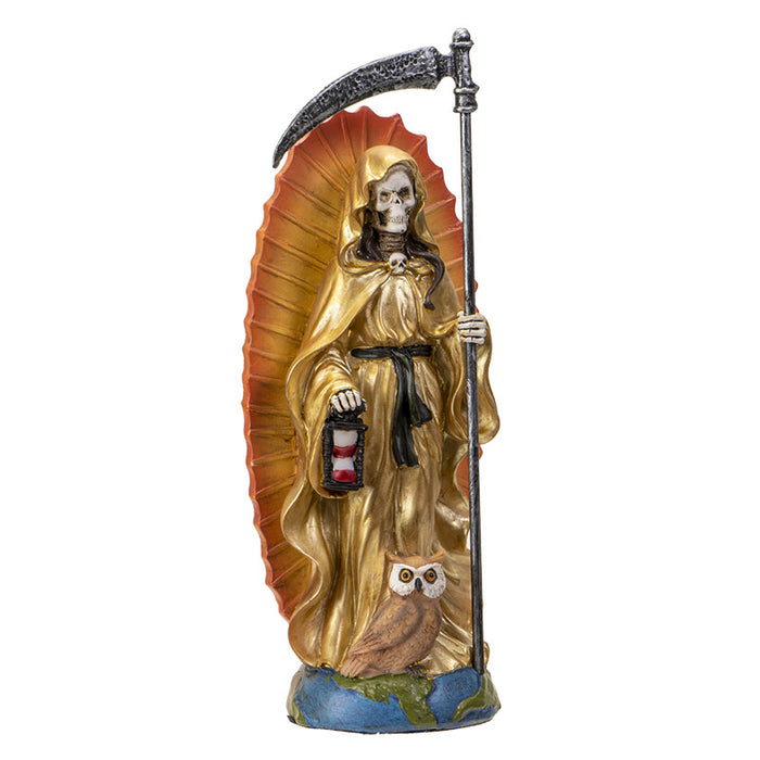 Standing Gold Santa Muerte Skeleton With Scythe Hourglass And Wise Owl Figurine