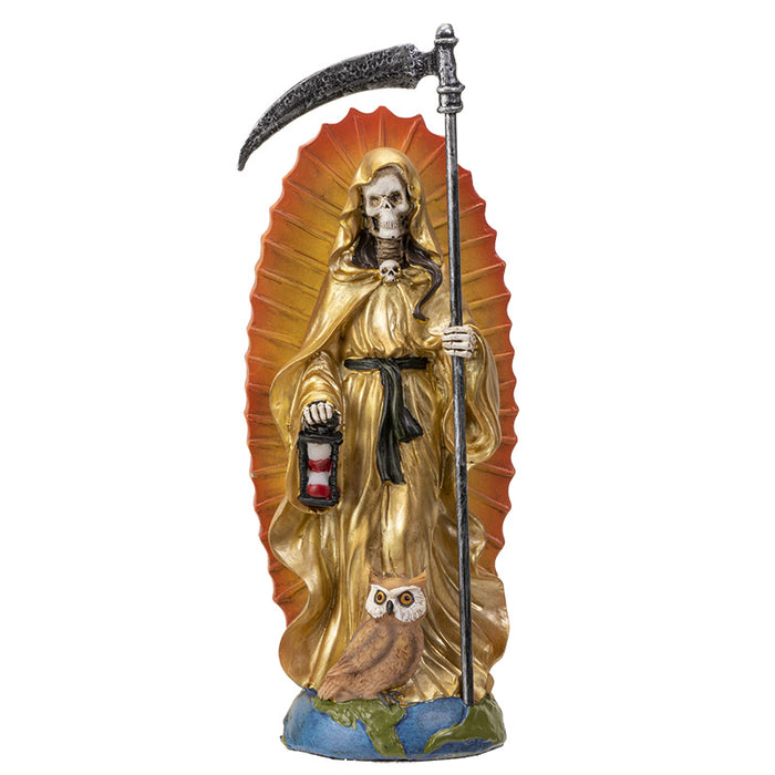 Standing Gold Santa Muerte Skeleton With Scythe Hourglass And Wise Owl Figurine