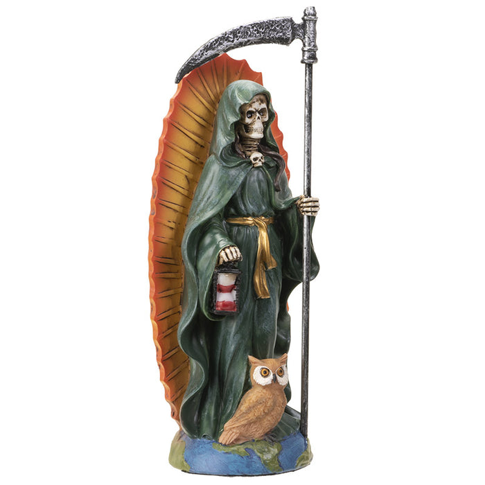 Standing Green Santa Muerte Skeleton With Scythe Hourglass And Wise Owl Figurine