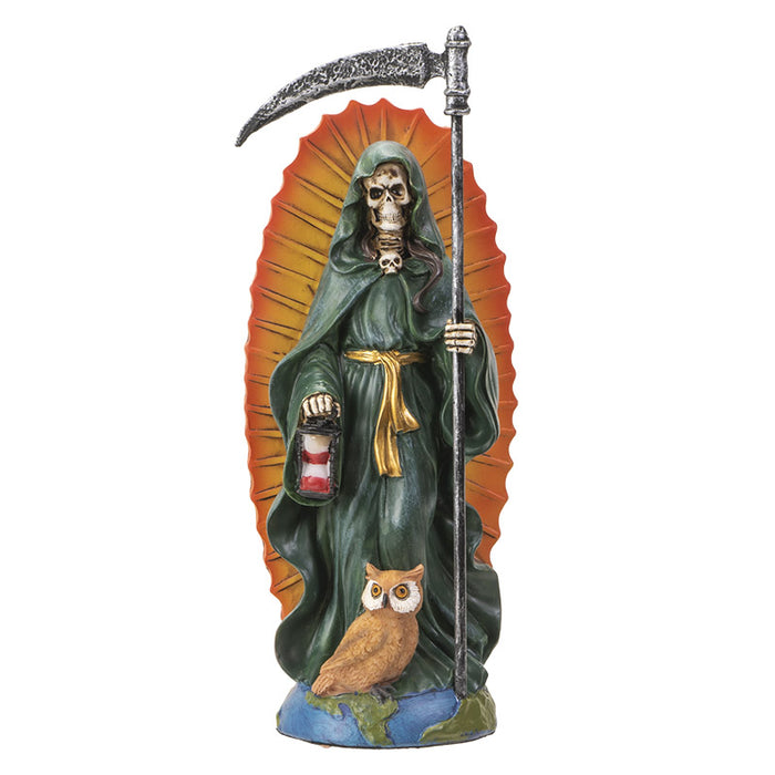 Standing Green Santa Muerte Skeleton With Scythe Hourglass And Wise Owl Figurine
