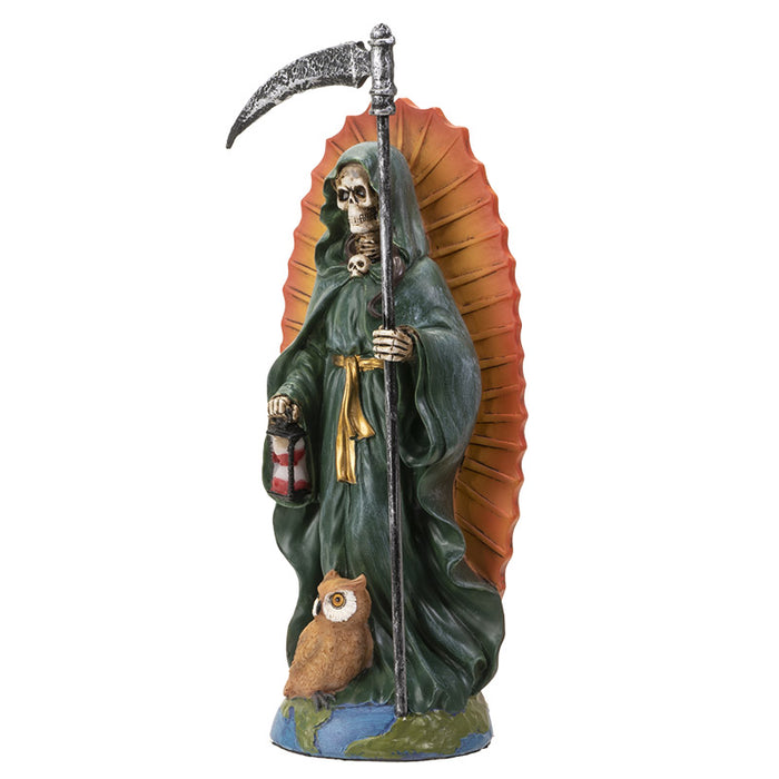 Standing Green Santa Muerte Skeleton With Scythe Hourglass And Wise Owl Figurine