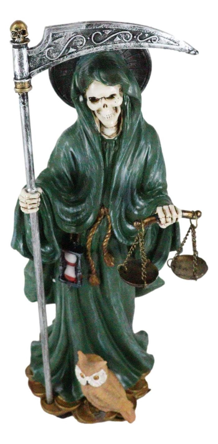 Standing Green Santa Muerte With Scythe Scales Of Justice And Wise Owl Figurine