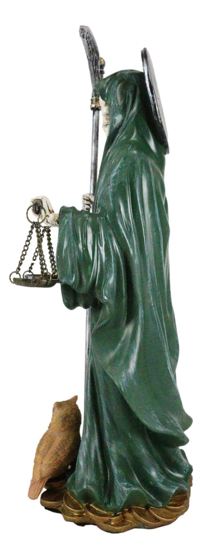 Standing Green Santa Muerte With Scythe Scales Of Justice And Wise Owl Figurine
