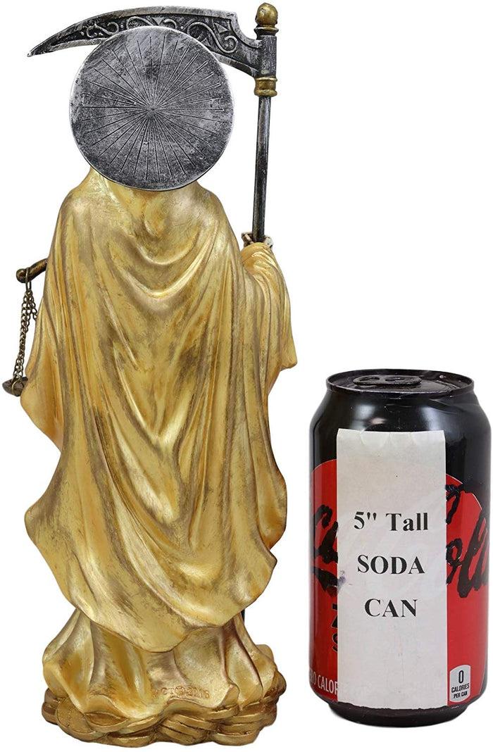 Standing Santa Muerte Holding Scythe And Scales Of Justice In Gold Robe Statue