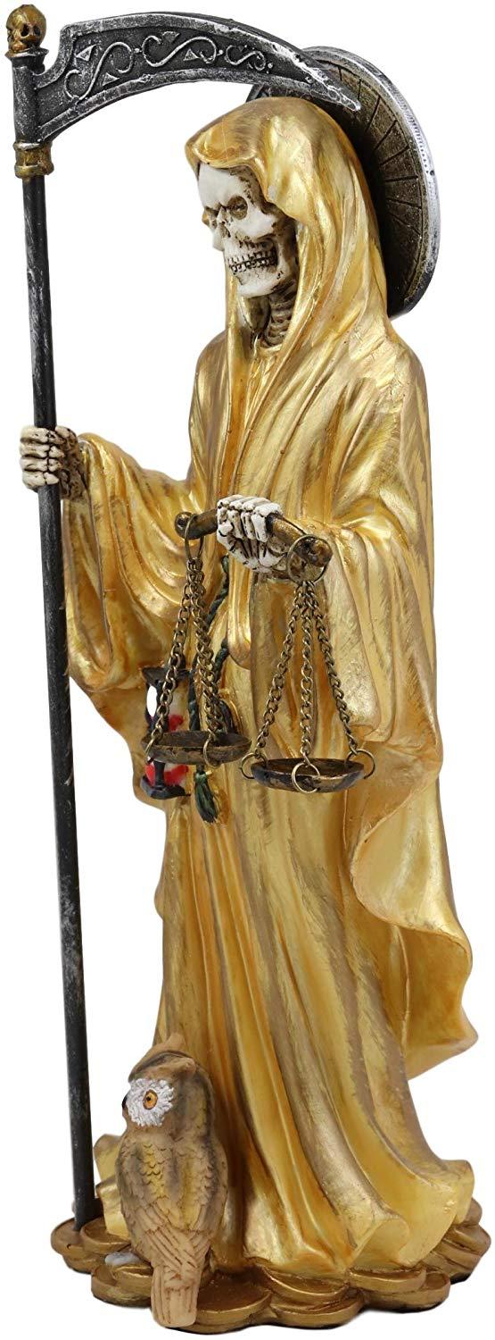 Standing Santa Muerte Holding Scythe And Scales Of Justice In Gold Robe Statue