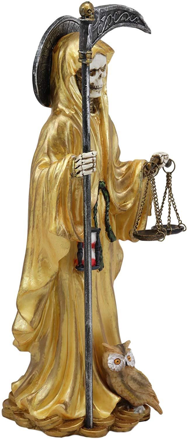 Standing Santa Muerte Holding Scythe And Scales Of Justice In Gold Robe Statue
