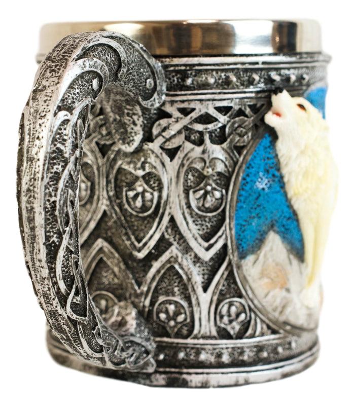 Starry Night Mountains Celtic Howling White Wolf Coffee Mug And Wine Goblet Set