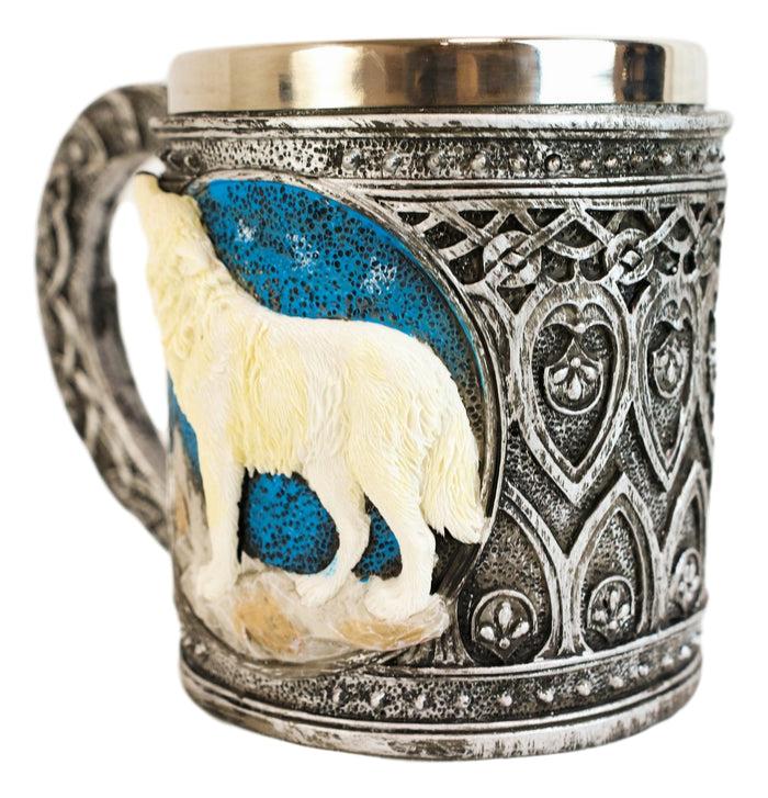 Starry Night Mountains Celtic Howling White Wolf Coffee Mug And Wine Goblet Set