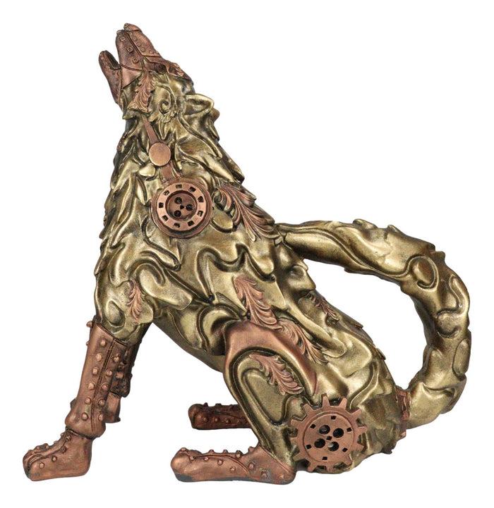 Steampunk Armor Geared Golden Robotic Alpha Wolf Howling At The Moon Statue