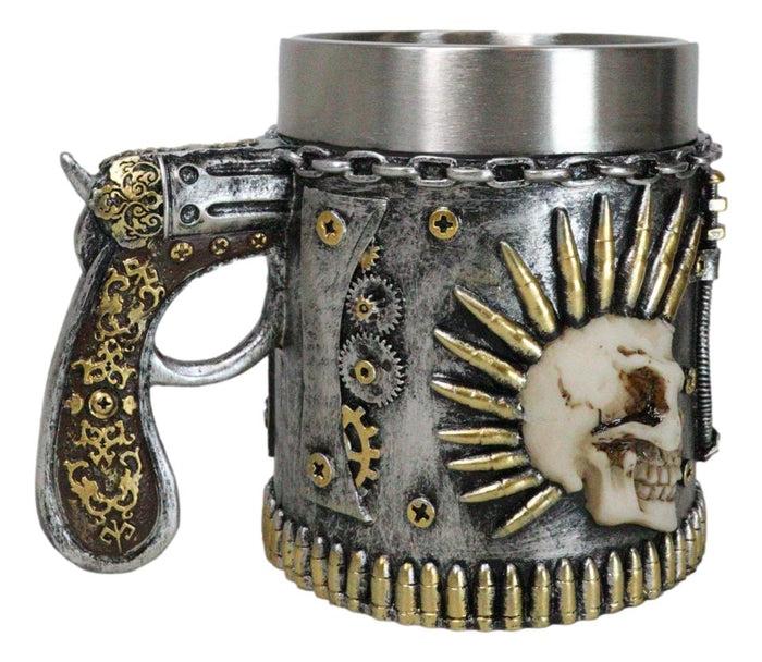 Steampunk Bullets Mohawk Skull War Dog Coffee Mug With Pistol Revolver Handle