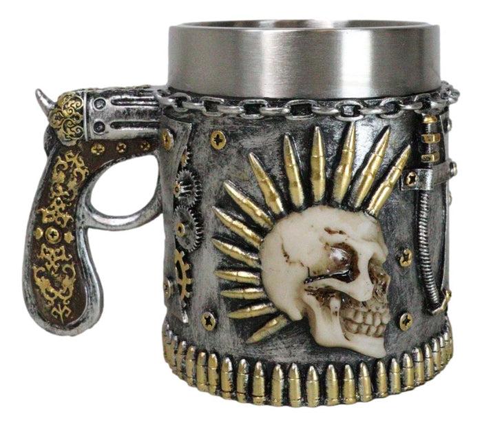 Steampunk Bullets Mohawk Skull War Dog Coffee Mug With Pistol Revolver Handle