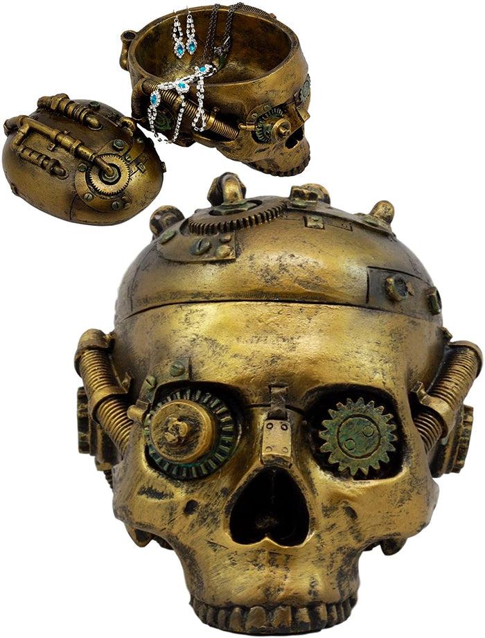Steampunk Cyborg Robotic Skull Jewelry Box Figurine 7.5"L Skull Bowl Container