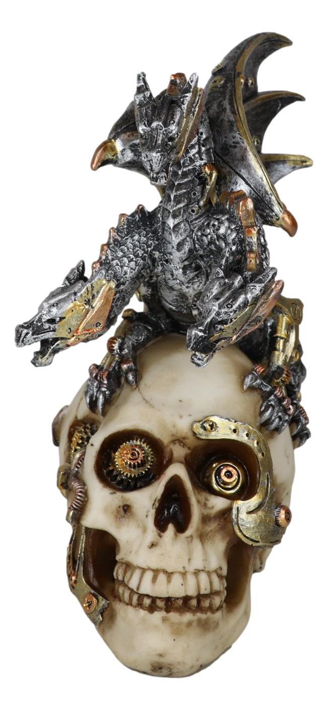 Steampunk Cyborg Skull With Perching Robotic Silver Hydra Dragon Figurine