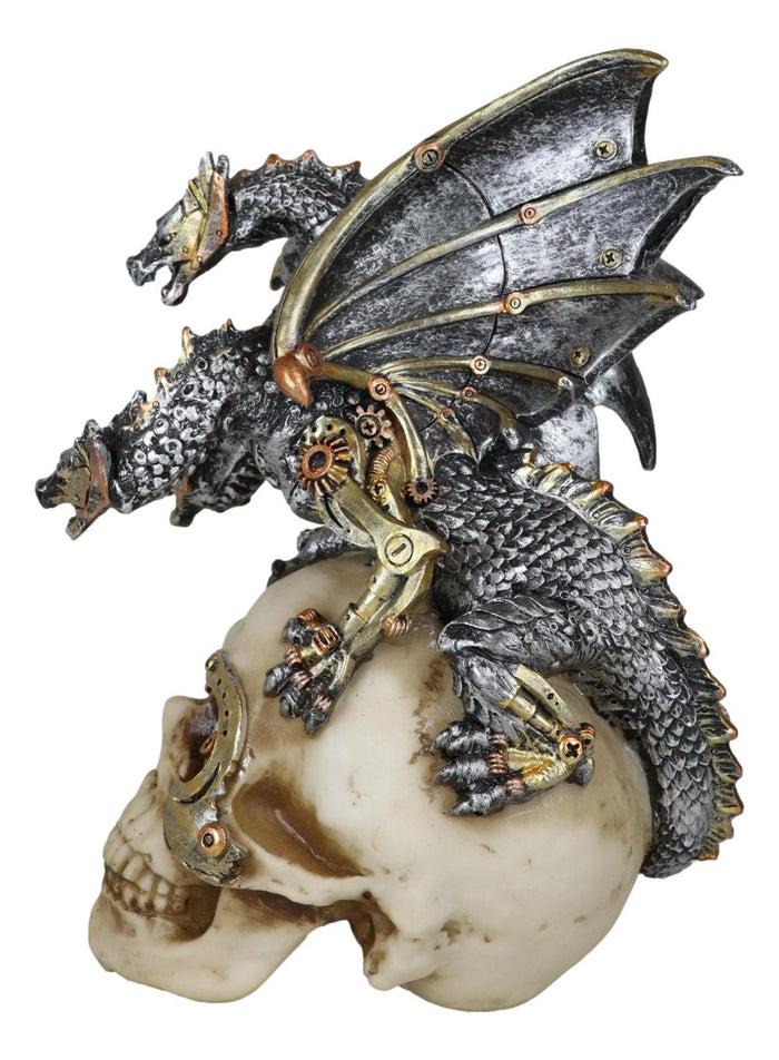 Steampunk Cyborg Skull With Perching Robotic Silver Hydra Dragon Figurine