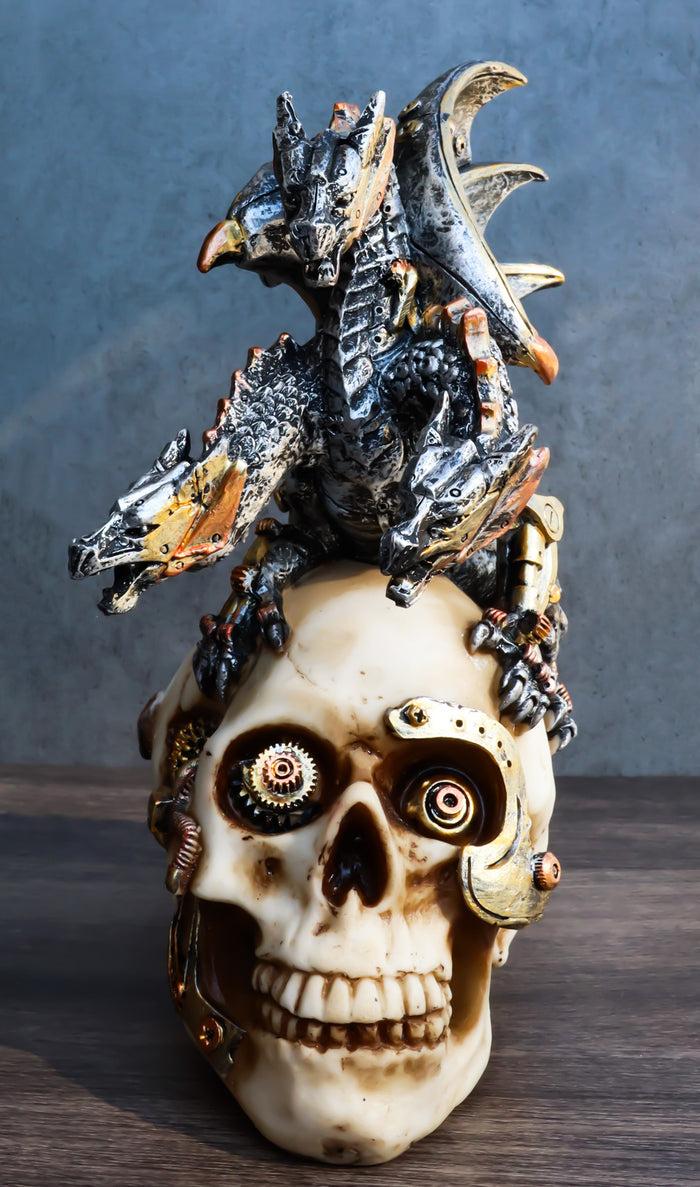 Steampunk Cyborg Skull with Perching Robotic Silver Hydra Dragon Figurine Steampunk Cyborg Skull with Perching Robotic Silver Hydra Dragon Figurine