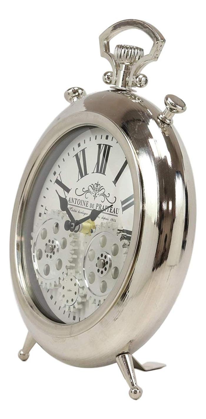 Steampunk Moving Gears European Victorian Vintage Style Shiny Chrome Table Clock