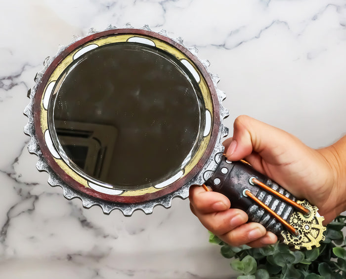 Steampunk Painted Gearwork Pipeline Youth Gas Ionizing Hand Mirror Figurine