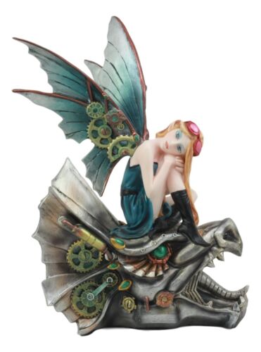 Steampunk Pilot Aviator Fairy Riding Mechanical Cyborg Dragon Head Statue 10"H
