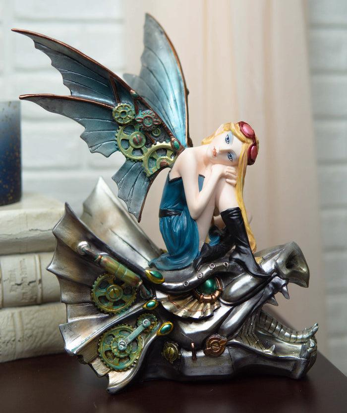 Steampunk Pilot Aviator Fairy Riding Mechanical Cyborg Dragon Head Statue 10"H