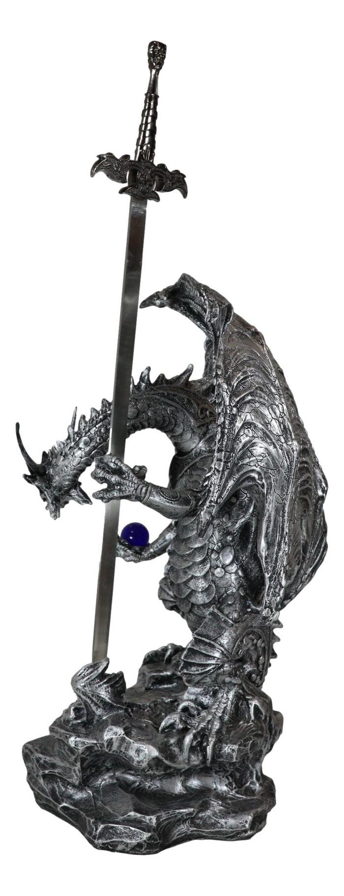 Stone Grey Dragon Holding Blue Orb And Drake Skull Sword Letter Opener Figurine