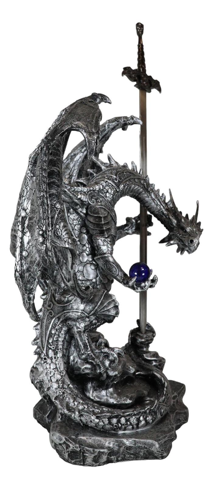 Stone Grey Dragon Holding Blue Orb And Drake Skull Sword Letter Opener Figurine