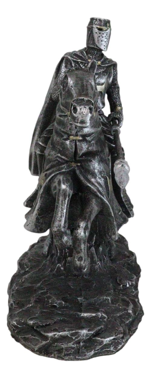 Suit Of Armor Crusader Knight With Long Spear Riding On Cavalry Horse Figurine