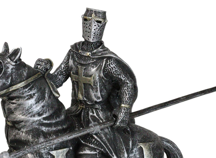 Suit Of Armor Crusader Knight With Long Spear Riding On Cavalry Horse Figurine