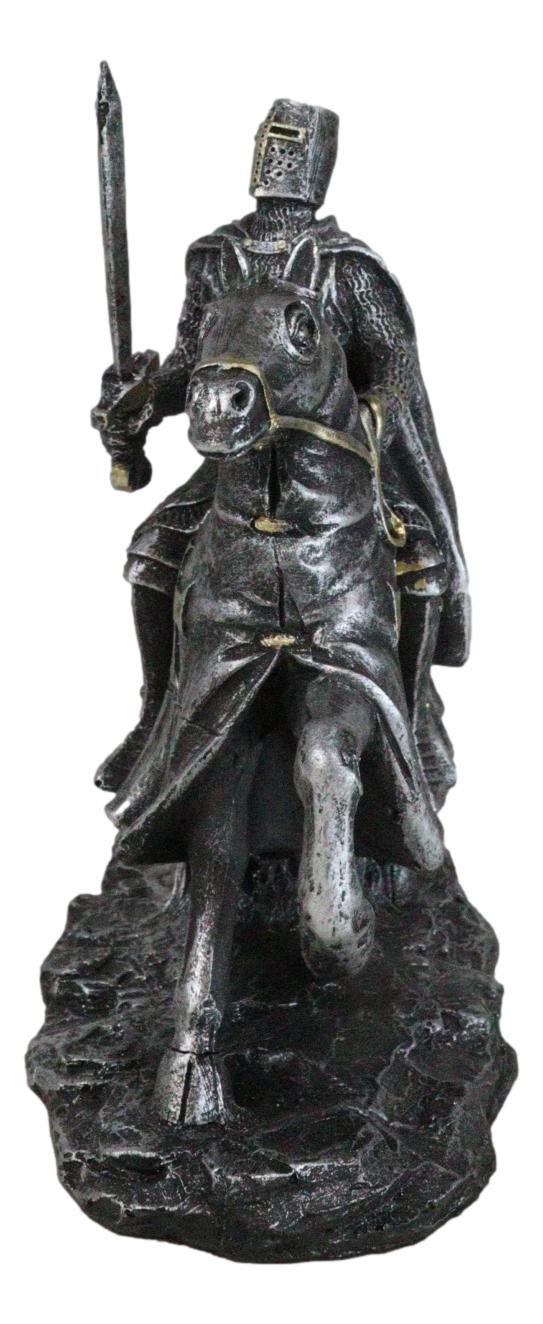 Suit Of Armor Crusader Knight With Sword Riding On Heavy Cavalry Horse Figurine