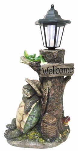 Summer Turtle Tortoise & Frog Hiker Statue With Solar Powered Lantern LED Light