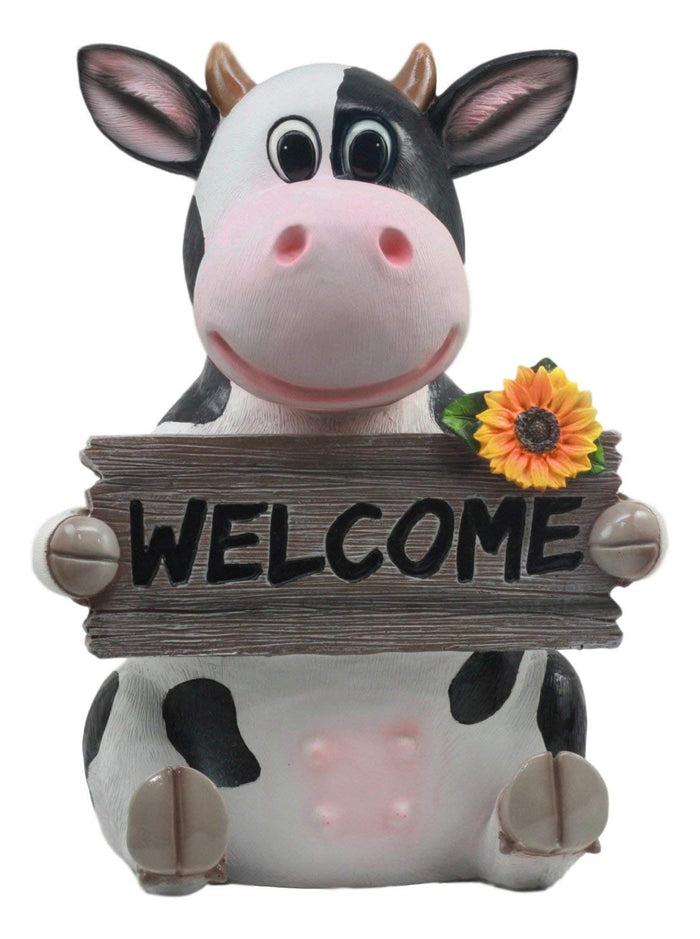 Sunflower Country Side Whimsical Holstein Cow With Welcome Sign Statue 13"Tall