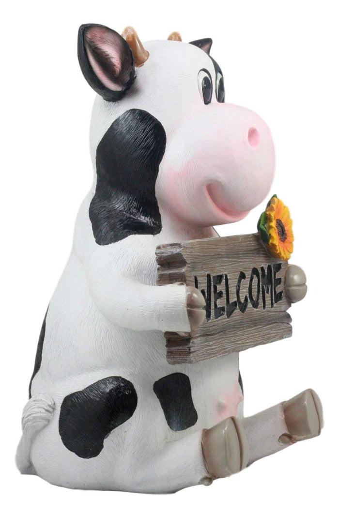 Sunflower Country Side Whimsical Holstein Cow With Welcome Sign Statue 13"Tall