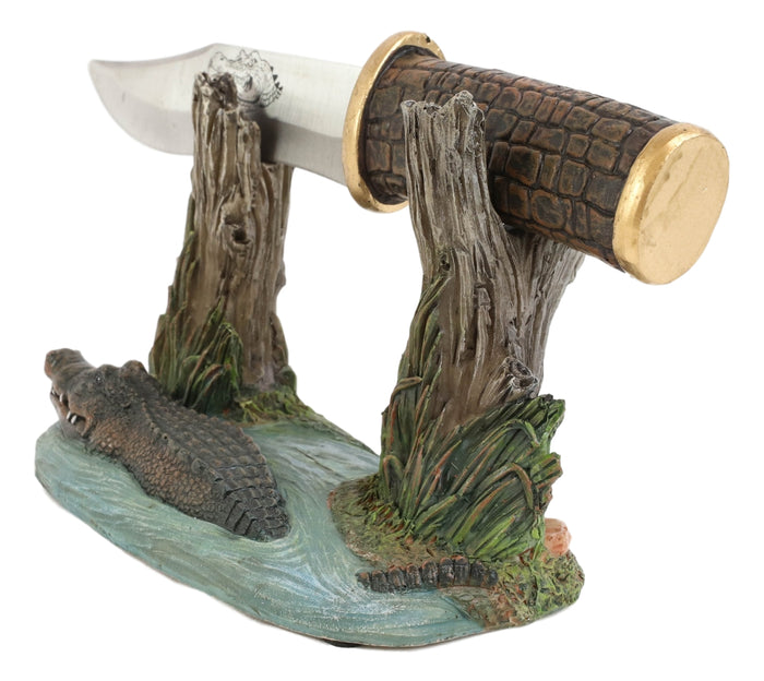 Swamp Bayou Crocodile Alligator Display With Decorative Dagger Knife Statue Set