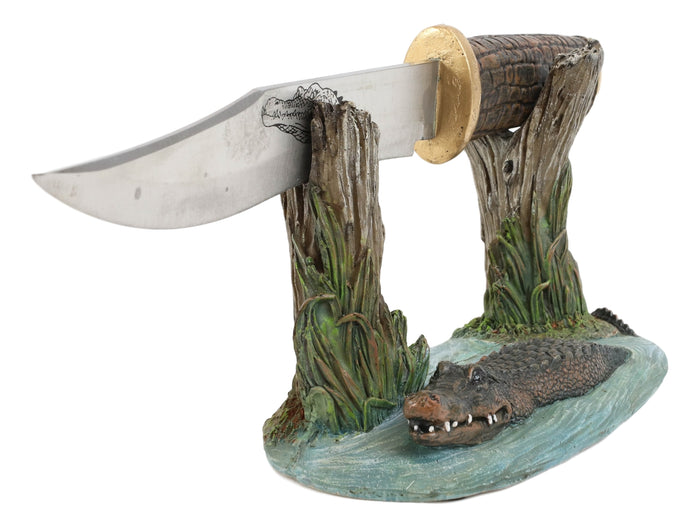 Swamp Bayou Crocodile Alligator Display With Decorative Dagger Knife Statue Set